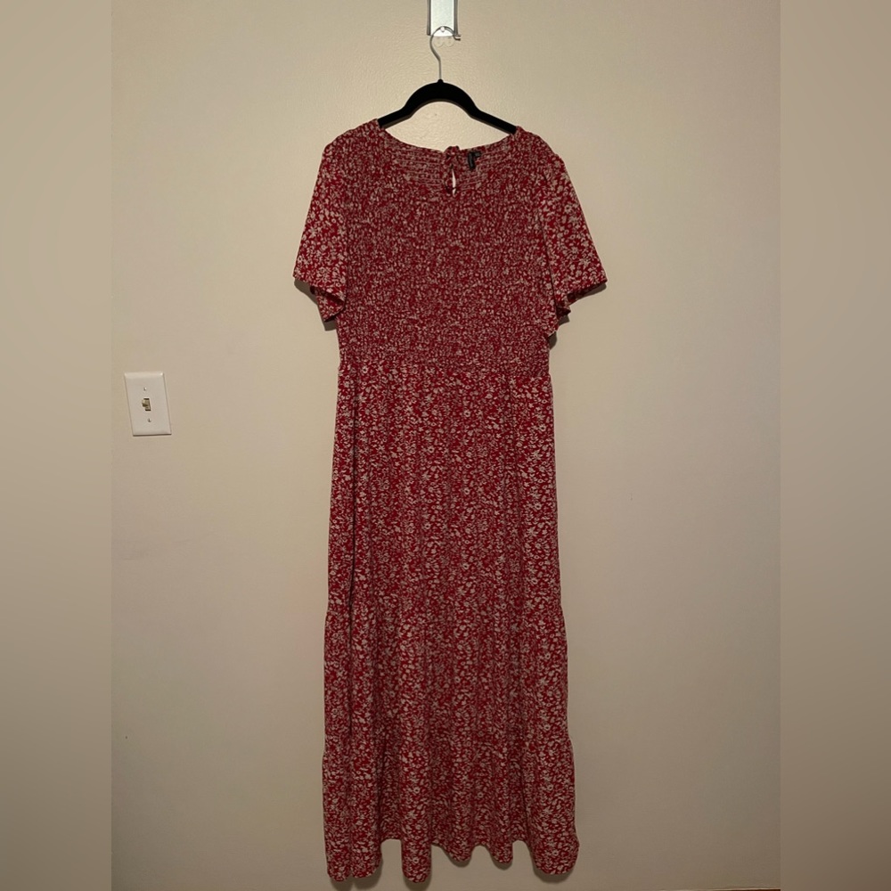 Kranda Round Neck Short Flutter Sleeve Smocked Floral Maxi Dress XXL